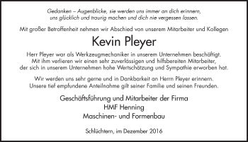 Traueranzeige von Kevin Pleyer 