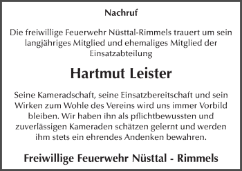 Traueranzeige von Hartmut Leister 