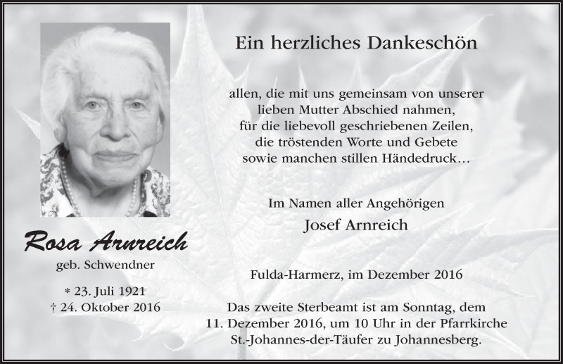  Traueranzeige für Rosa Arnreich vom 03.12.2016 aus 
