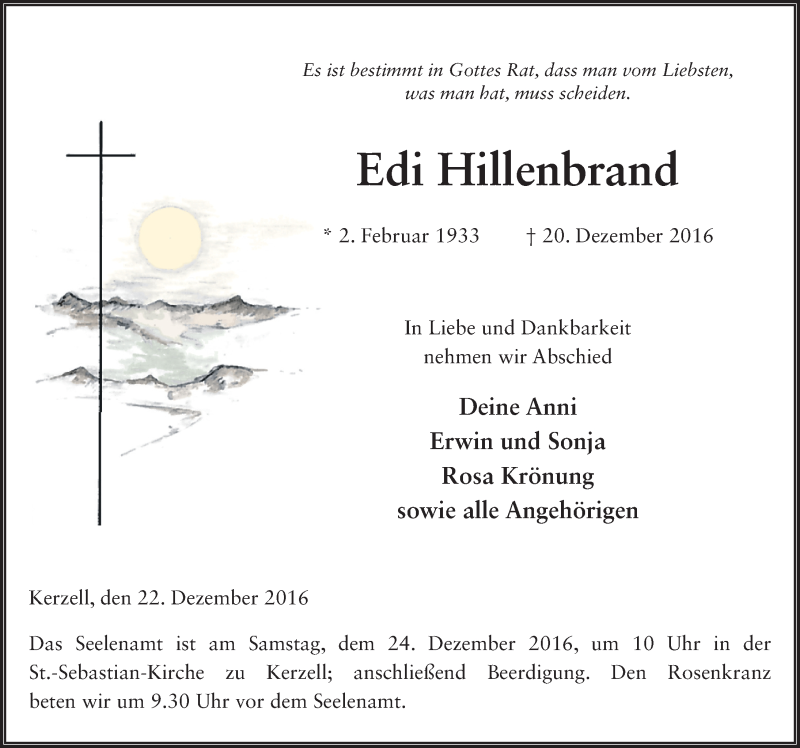  Traueranzeige für Edi Hillenbrand vom 22.12.2016 aus 
