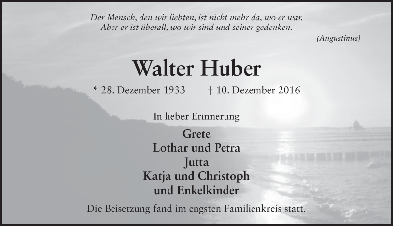  Traueranzeige für Walter Huber vom 21.12.2016 aus 