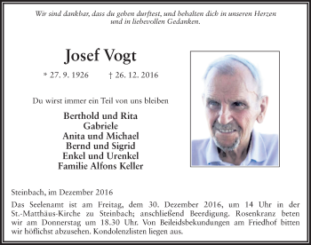 Traueranzeige von Josef Vogt 