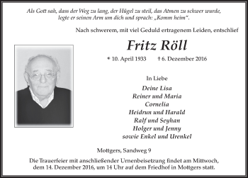 Traueranzeige von Fritz Röll 