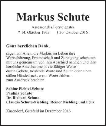 Traueranzeige von Markus Schute 