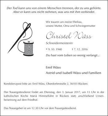 Traueranzeige von Christel Wäss 