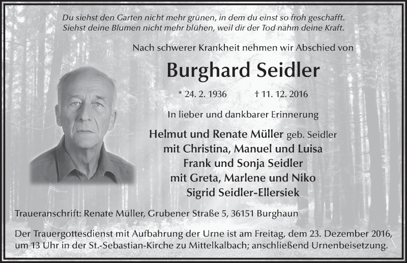  Traueranzeige für Burghard Seidler vom 19.12.2016 aus 