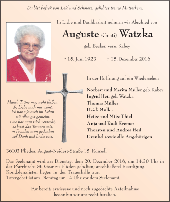 Traueranzeige von Auguste Watzka 