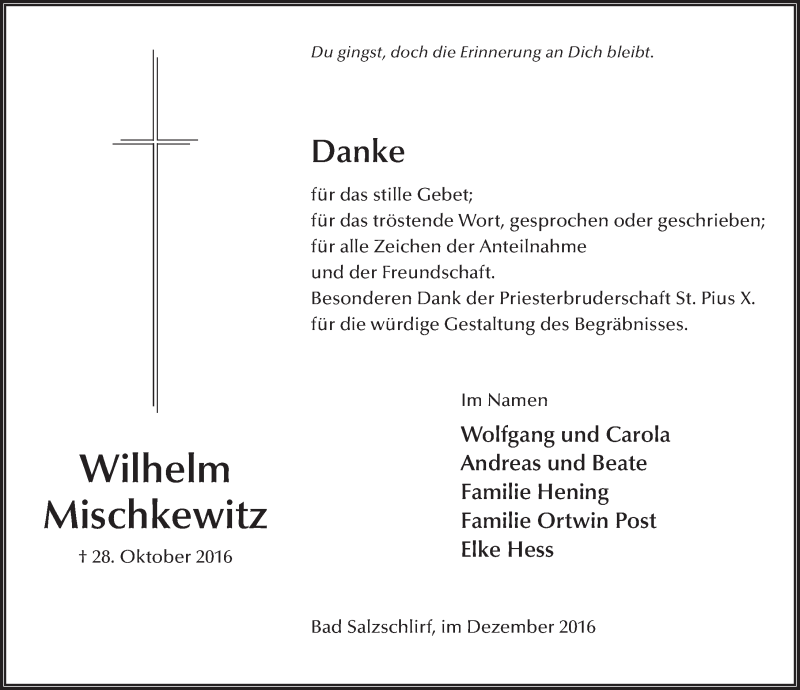  Traueranzeige für Wilhelm Mischkewitz vom 17.12.2016 aus 