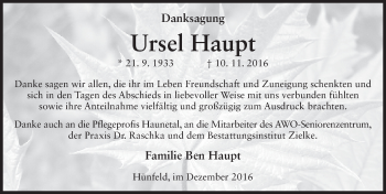 Traueranzeige von Ursel Haupt 