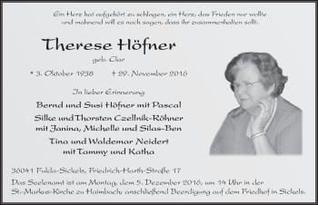 Traueranzeige von Therese Höfner 