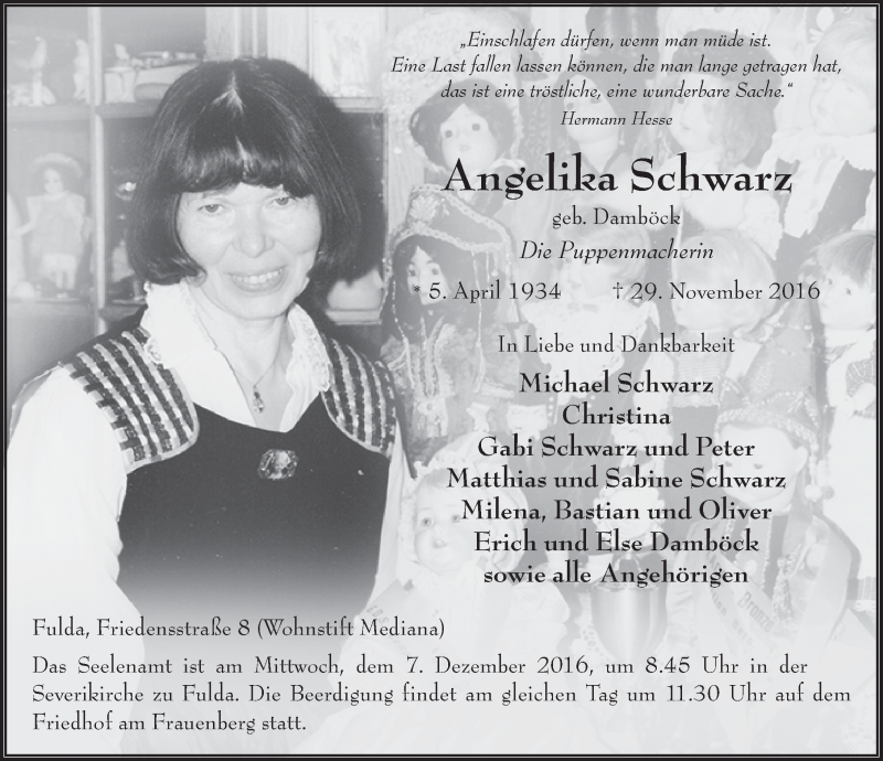  Traueranzeige für Angelika Schwarz vom 03.12.2016 aus 