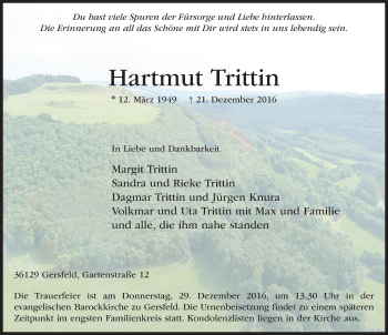 Traueranzeige von Hartmut Trittin 