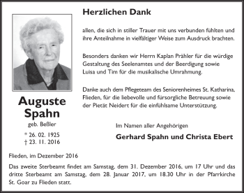 Traueranzeige von Auguste Spahn 