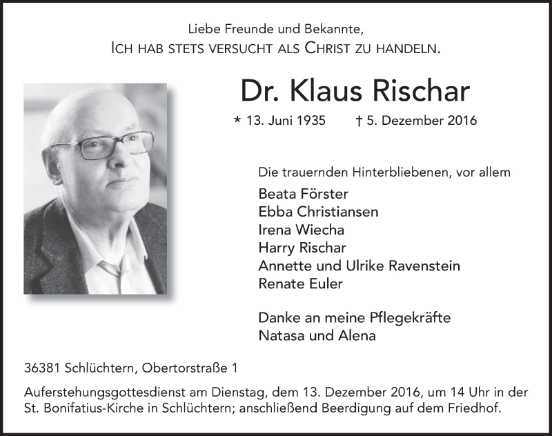  Traueranzeige für Klaus Rischar vom 08.12.2016 aus 