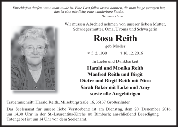 Traueranzeige von Rosa Reith 