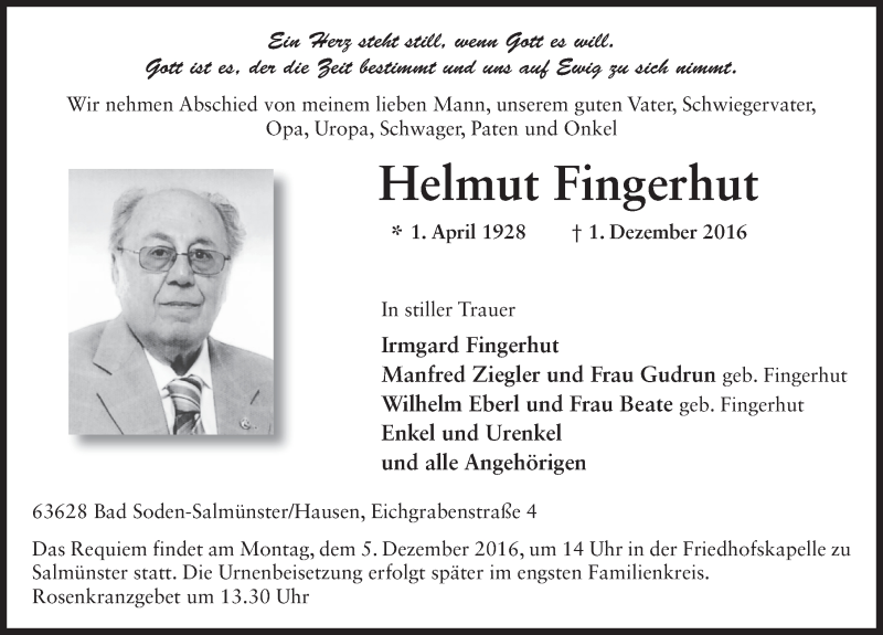  Traueranzeige für Helmut Fingerhut vom 03.12.2016 aus 
