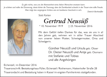 Traueranzeige von Gertrud Neusüß 