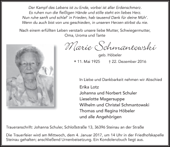 Traueranzeige von Marie Schmantowski 