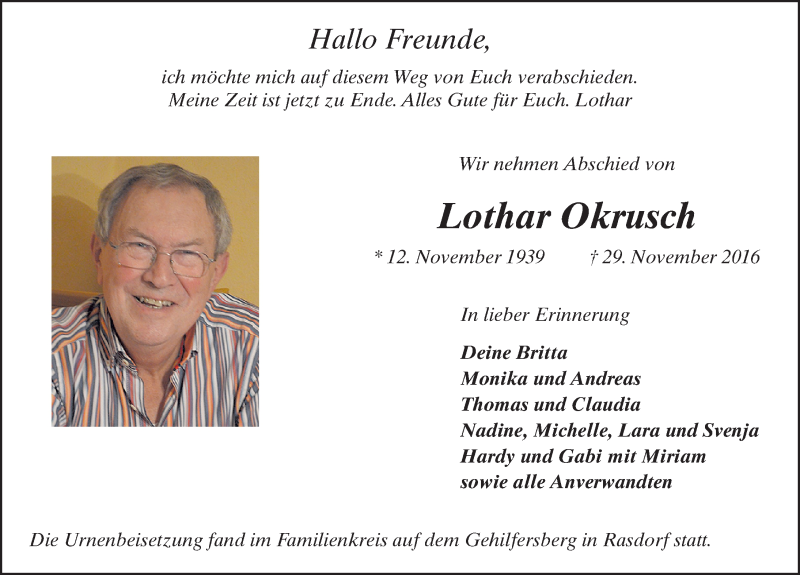  Traueranzeige für Lothar Okrusch vom 17.12.2016 aus 