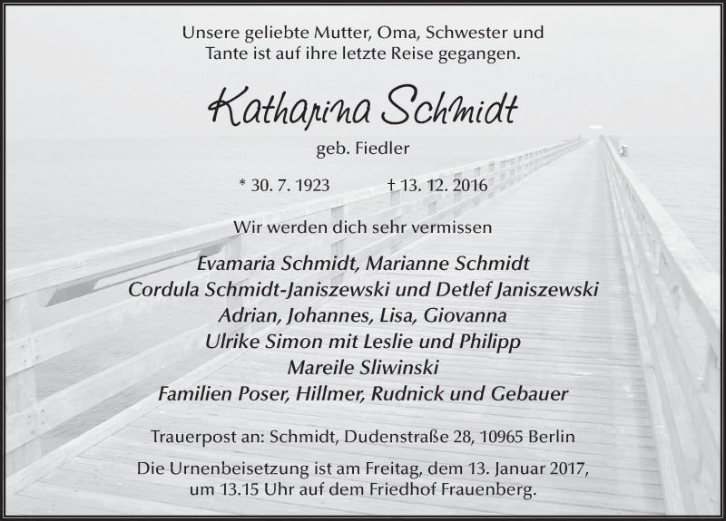  Traueranzeige für Katharina Schmidt vom 17.12.2016 aus 