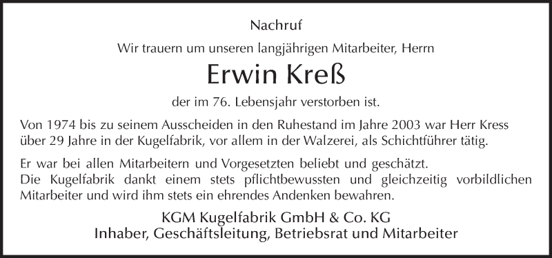  Traueranzeige für Erwin Kreß vom 03.12.2016 aus 