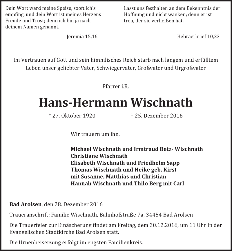  Traueranzeige für Hans-Hermann Wischnath vom 28.12.2016 aus 