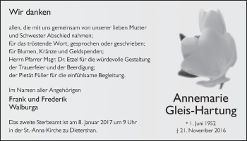 Traueranzeige von Annemarie Gleis-Hartung 
