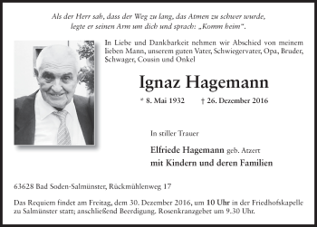 Traueranzeige von Ignaz Hagemann 