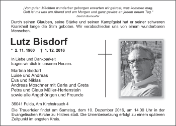 Traueranzeige von Lutz Bisdorf 