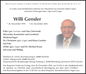 Traueranzeige von Willi Gensler 