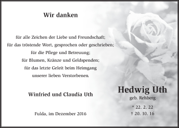 Traueranzeige von Hedwig Uth 