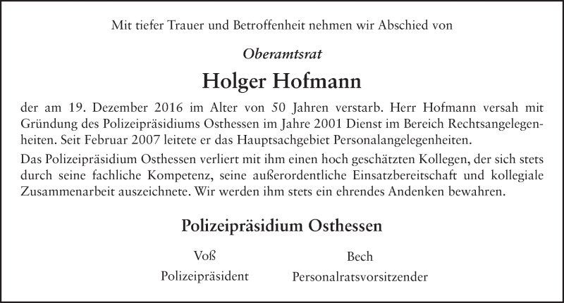  Traueranzeige für Holger Hofmann vom 21.12.2016 aus 
