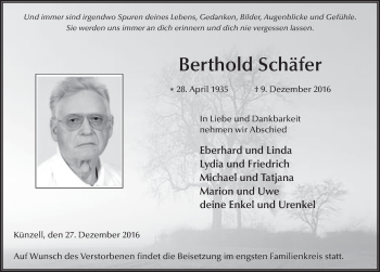 Traueranzeige von Berthold Schäfer 