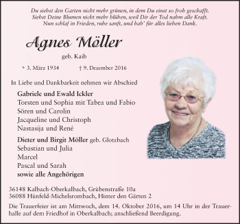 Traueranzeige von Agnes Möller 