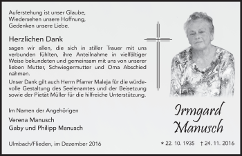 Traueranzeige von Irmgard Manusch 