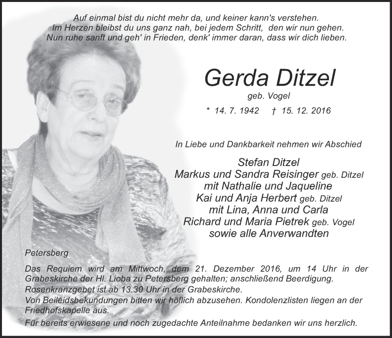  Traueranzeige für Gerda Ditzel vom 17.12.2016 aus 