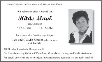 Traueranzeige von Hilde Maul 