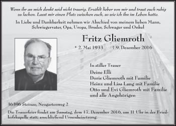 Traueranzeige von Fritz Gliemroth 