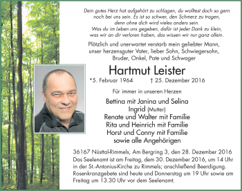 Traueranzeige von Hartmut Leister 