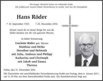 Traueranzeige von Hans Röder 