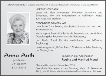 Traueranzeige von Anna Auth 