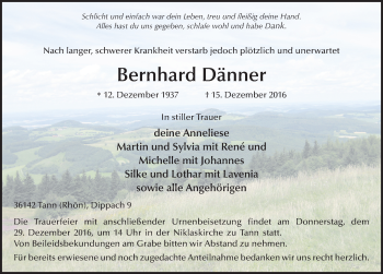 Traueranzeige von Bernhard Dänner 