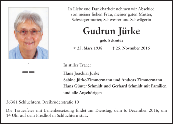 Traueranzeige von Gudrun Jürke 
