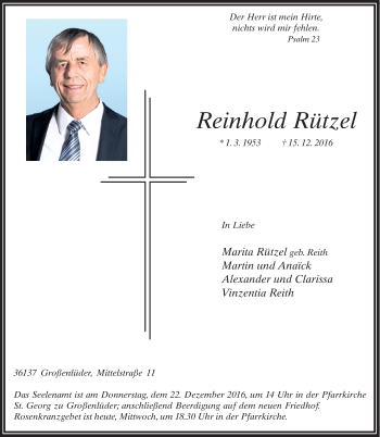 Traueranzeige von Reinhold Rützel 