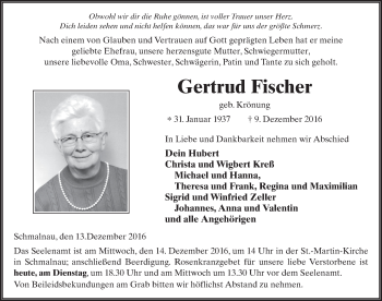 Traueranzeige von Gertrud Fischer 