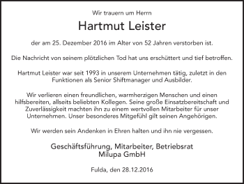 Traueranzeige von Hartmut Leister 