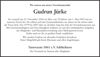 Traueranzeige von Gudrun Jürke 