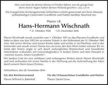 Traueranzeige von Hans-Hermann Wischnath 