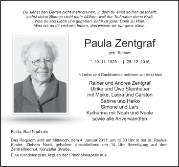 Traueranzeige von Paula Zentgraf 