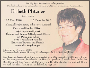 Traueranzeige von Elsbeth Pfitzner 